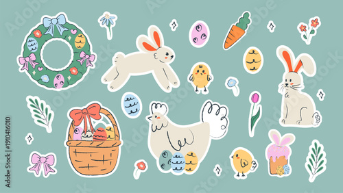 Cute Easter sticker set with a hand drawn bunny, chicken, basket and decorated Easter eggs on a pastel background. Playful flat illustration perfect for holiday cards, spring designs, children’s proje