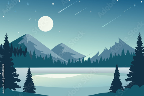 A serene nighttime landscape featuring mountains a lake and a glowing moon