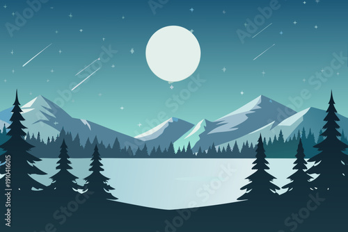 Serene nighttime landscape featuring a full moon and snow covered mountains