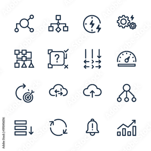 Minimalist monoline icons for autonomous task routing and agentic AI workflow orchestration in automation engines and cloud integration system dashboards