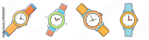 Set of four colorful flat design wristwatch vector icons with clock faces and straps in blue, green, orange, and white for timekeeping and fashion