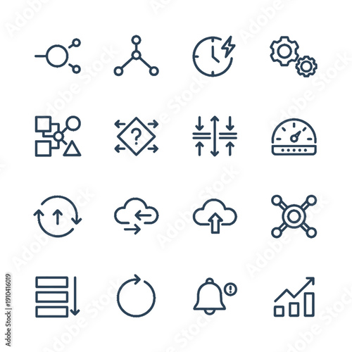 Minimalist monoline icons for autonomous task routing and agentic AI workflow orchestration in automation engines and cloud integration system dashboards