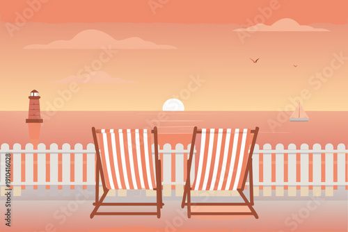 A peaceful beach scene with deck chairs a lighthouse and a sunset