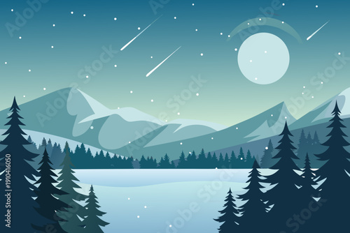Serene winter landscape featuring snow covered mountains and a starry night sky
