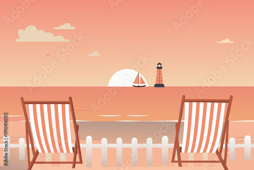 A peaceful beach scene with deck chairs a sailboat and a lighthouse
