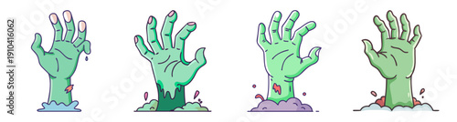 Green zombie hands rising from ground vector icon set isolated on transparent background Halloween horror theme