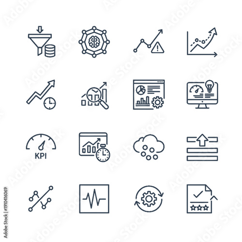 Professional monoline icons for machine learning models and predictive data analytics for automated reporting systems and business performance monitoring dashboards