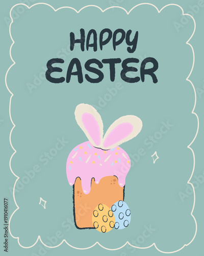 Cute Easter greeting card with a hand drawn Easter cake and decorated Easter eggs. Playful flat illustration perfect for holiday cards, spring designs, children’s projects, and seasonal promotions.