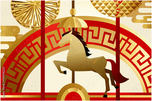 Golden carousel horse with ornate details and geometric patterns