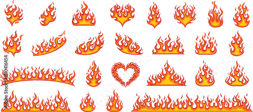 Cartoon fire flames collection with burning blaze elements and fiery shapes vector illustration set