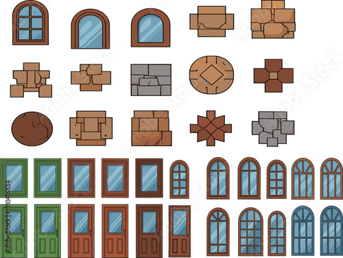 Cartoon medieval windows doors and stone wall elements vector illustration set for game and architecture design