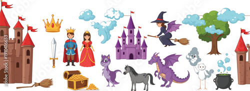 Fairy tale fantasy set with castle princess prince dragon witch and magical cartoon vector illustration collection