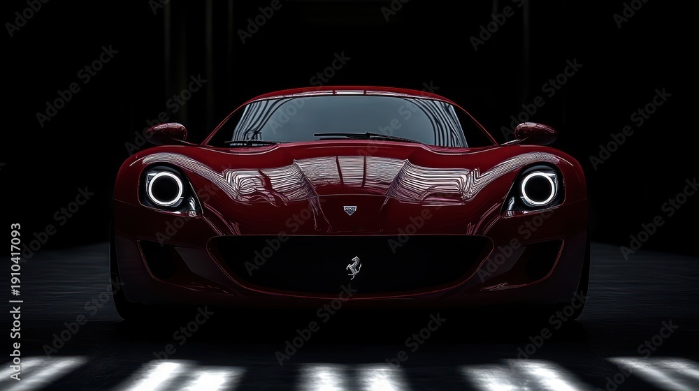 Fototapeta premium low-slung glossy red sports car front view in dark studio with halo headlights, bold reflections and an aggressive poised stance conveying power and precision