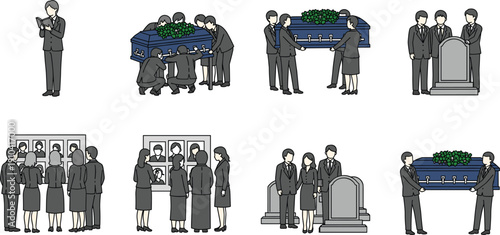 Funeral ceremony vector set with mourners coffin and memorial scenes in respectful monochrome illustration style