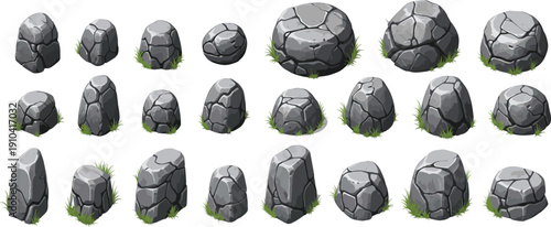 Cartoon stone rock vector set with natural gray boulders and grass isolated game asset illustration collection