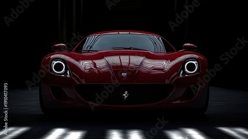 low-slung glossy red sports car front view in dark studio with halo headlights, bold reflections and an aggressive poised stance conveying power and precision