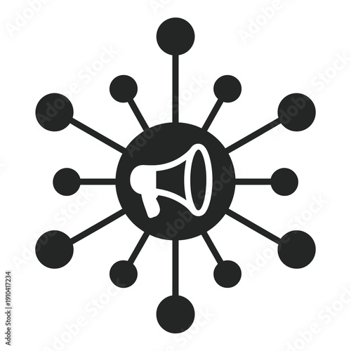 Black and white icon of megaphone with connected lines and circles around it icon