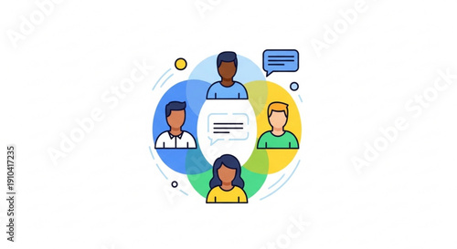 Diverse people discuss and communicate in a circle with speech bubbles