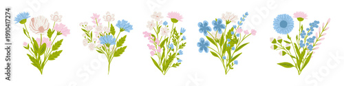 Flower bouquets. Garden blossoming flowers with stem and leaves, floral bouquet. Various cartoon romantic flowering plant for Woman and Mother day. Vector set 