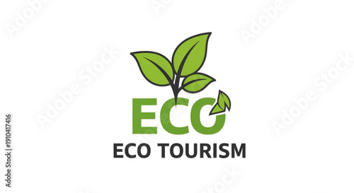 Eco tourism logo with green leaves and text on white background symbolizing sustainable travel and environmental conservation