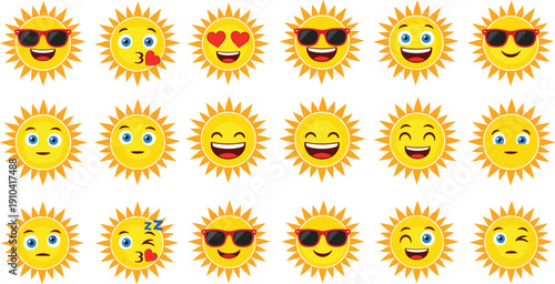 Cute cartoon sun emoji vector set with funny smiling faces sunglasses and expressive happy character icons
