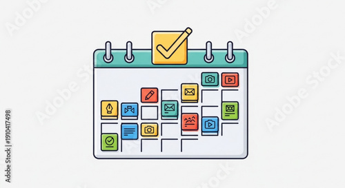 Colorful calendar icon with task checklist and schedule planner on white background for organization and productivity