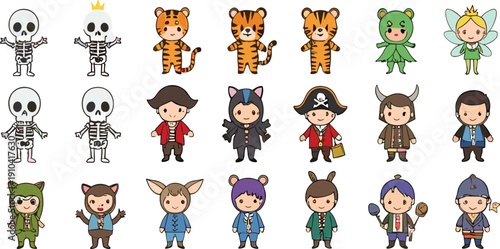 Cute hand drawn cartoon fantasy character vector set with skeleton animals pirates and fairy tale kids costumes