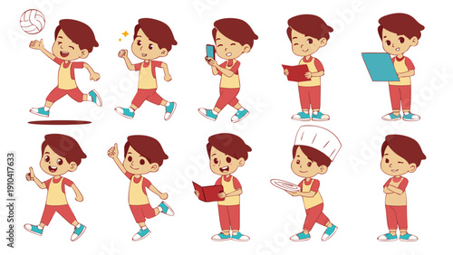 Cute boy cartoon character child kid activity set showing playful pose volleyball sport walking smartphone reading book clipboard chef hat with plate thumbs up flat vector on white