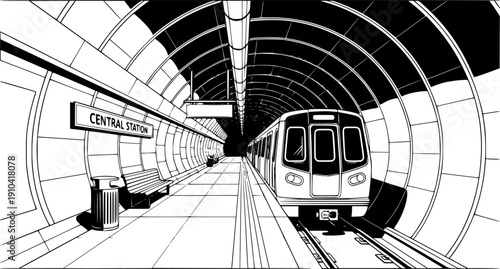 Modern Metro Subway Train Vector - Underground Transit System with Platform and Tunnel Line Illustration
