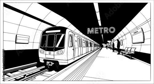 Modern Metro Subway Train Vector - Underground Transit System with Platform and Tunnel Line Illustration

