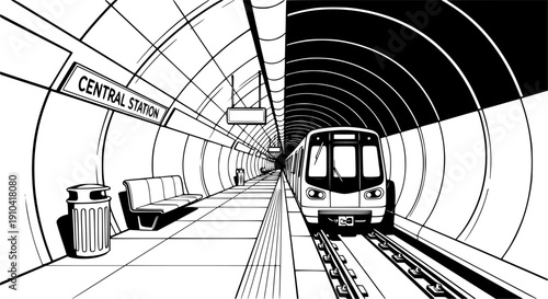 Modern Metro Subway Train Vector - Underground Transit System with Platform and Tunnel Line Illustration
