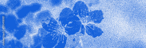 Blue cyanotype apple blossom botanical background. Stipple dot overlay texture with flower and twig silhouette. Delicate indigo blue nature banner for template and graphic design project.