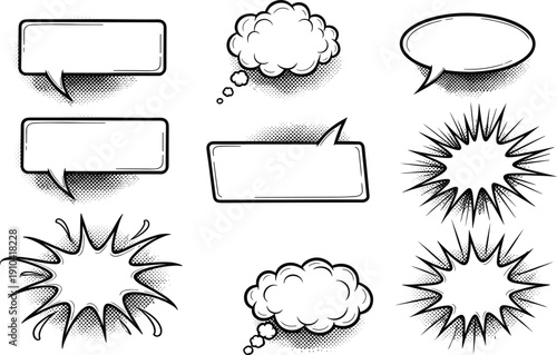 Retro Comic Book Speech Bubbles Set with Halftone Shadows, Blank Pop Art Thought Clouds and Explosive Shout Frames for Creative Graphic Design Projects