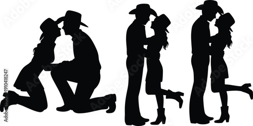 Black silhouette of a romantic cowboy and cowgirl couple in various western poses including kneeling for a proposal and standing together wearing traditional hats.