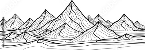 Mountain line art background, Black and white landscape wallpaper design for cover, invitation background, packaging design, wall art and print. Vector illustration.