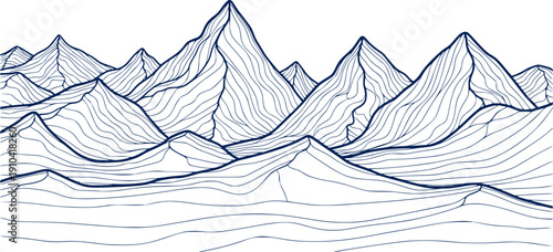 Mountain line art background, Black and white landscape wallpaper design for cover, invitation background, packaging design, wall art and print. Vector illustration.