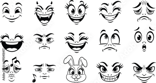 Comprehensive collection of cartoon character facial expressions and diverse hand drawn emotions featuring happy angry sad surprised and funny caricature line art icons.