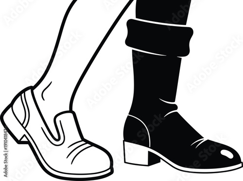 Black and white vector illustration showing a side view comparison of a casual loafer shoe and a classic tall cuffed leather boot for footwear design.