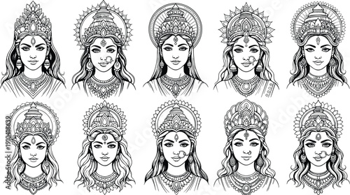 Intricate black and white line art illustration set of Hindu Goddess Durga faces with traditional ornate crowns for Navratri festival and spiritual designs.