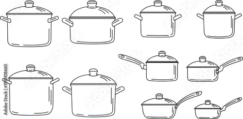 Hand drawn vector set of various kitchen cooking pots and pans collection in minimal line art style for culinary recipes and household restaurant design