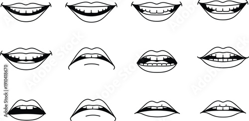 Vector Illustration Set of Mouth Expressions and Lip Sync Phonemes for Character Animation Featuring Different Shapes for Speaking Smiling Laughing and Facial Communication Design