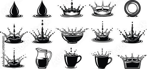 Black and White Water Splashes Liquid Droplets and Crown Ripple Vector Illustrations Set for Coffee Mug Pitcher Bowl and Beverage Branding Design Concepts