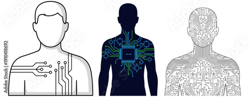 A compelling visual representation showcasing the intricate integration of human anatomy with advanced circuit board technology, symbolizing artificial intelligence and cyborg concepts.