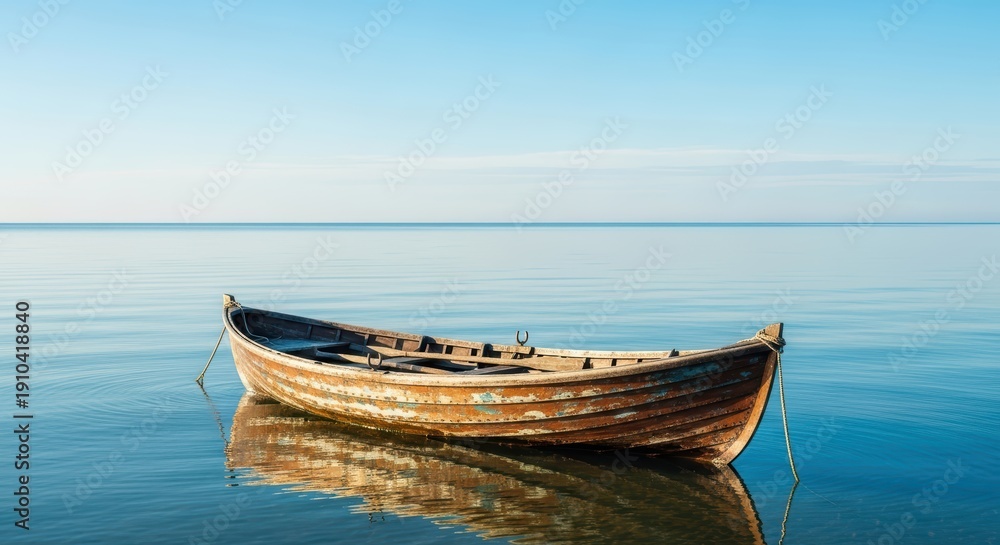 Obraz premium Old Wooden Boat Adrift on Calm Blue Water Under a Clear Sky