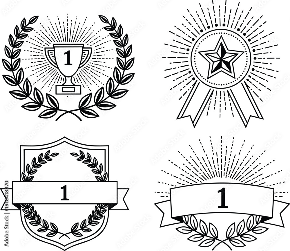 Naklejka premium Vintage Black and White Award Badges Collection Featuring Laurel Wreaths Trophy Star and Shield Graphics for Achievement Success Competition and First Place Winner Recognition
