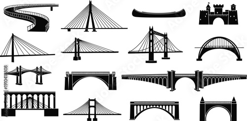 Comprehensive collection of various bridge silhouette icons including modern suspension cable-stayed arch and historic stone structures vector illustration for urban civil engineering architecture 