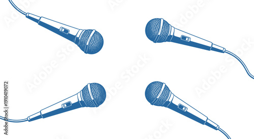 Set of Four Blue Vector Microphone Illustrations with Cables in Different Perspectives for Music Podcasts Radio Broadcasting Recording Studios Karaoke and Live Performance Events