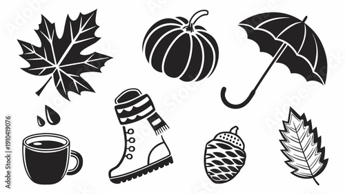 Autumn icon leaf pumpkin umbrella boot acorn coffee cup silhouette set, black and white vector clipart for seasonal map, harvest design, fall weather, cozy drink, outdoor theme