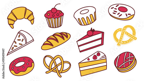 Bakery dessert pastry donut cupcake croissant pretzel cake set of colorful outline icons on white background, sweet snack assortment for menu, packaging, bakery shop design