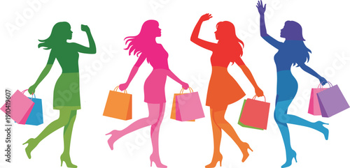 Colorful women shopping silhouettes walking joyfully with bags representing fashion retail lifestyle freedom modern vector illustration design concept art